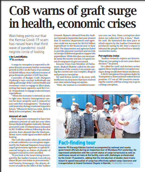 #MonitoringCovidAccountability: Fears abound that the third wave of #COVID19 pandemic could lead to a surge in #corruption. Via <a href="/PeopleDaily/">人民日报</a> bit.ly/39dTUGU. <a href="/OAG_Kenya/">Auditor-General Kenya</a> <a href="/EACCKenya/">EACC</a>  <a href="/ODPP_KE/">Office of The Director Of Public Prosecutions</a> <a href="/MzalendoWatch/">Mzalendo</a> <a href="/Twaweza_Ke/">Twaweza Kenya</a> <a href="/a4tkenya/">Kataa Ufisadi</a>