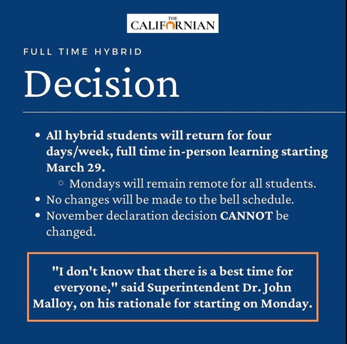 The <a href="/SRVUSD1/">SRVUSD</a> Board of Education voted 5-0 tonight to combine Cohort A and B to bring hybrid students back for full time in-person learning starting Monday. Read more on our Instagram @thecalifornianpaper. <a href="/calhighinfo/">California H.S.</a> <a href="/SRVEA/">San Ramon Valley EA</a> <a href="/SRVCPTA/">SRV Council of PTAs</a>