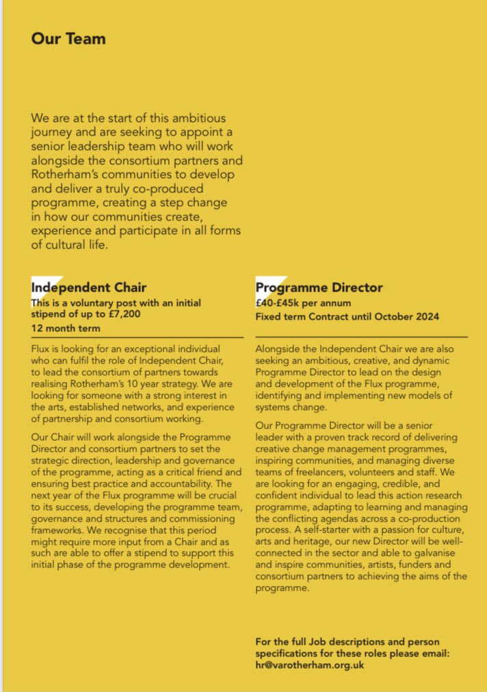 FLUX, Rotherham’s @CPPnetwork programme is recruiting for a Programme Director &amp; Independent Chair to make the next 4 years exciting, creative, ambitious &amp; fun varotherham.org.uk/wp-content/upl…