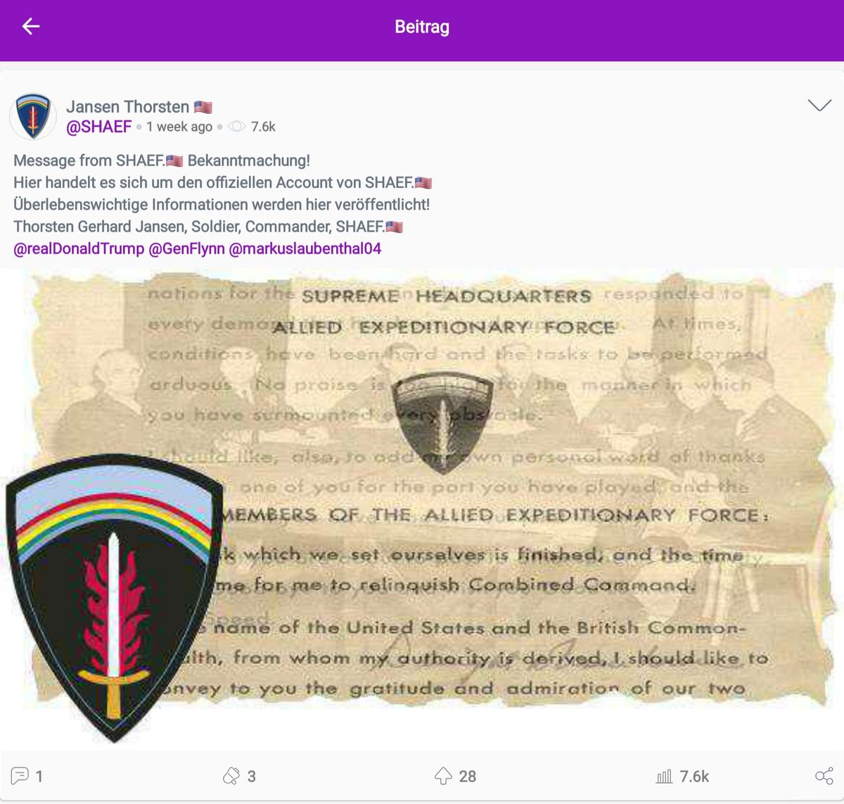 Thorsten Jansen (@thorstenjansen3) on Twitter photo Message from SHAEF.🇺🇸 Zur Kenntnisnahme!
Thorsten Gerhard Jansen,
Soldier, Lieutenant Commander, SHAEF.🇺🇸
<a href="/realDonaldTrump/">Donald J. Trump</a> <a href="/KremlinRussia_E/">President of Russia</a> Message from SHAEF.🇺🇸 Zur Kenntnisnahme!
Thorsten Gerhard Jansen,
Soldier, Lieutenant Commander, SHAEF.🇺🇸
<a href="/realDonaldTrump/">Donald J. Trump</a> <a href="/KremlinRussia_E/">President of Russia</a>