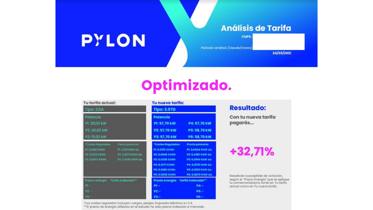 PylonData's tweet photo. #SobreLasNuevasTarifas #Tarifa30TD
Conclusión #3:
👉 Optimizar las 6 potencias contratadas puede suponerte un ahorro en la factura del 15% a 60%, al evitar pagar penalizaciones.
#LoDePylon https://t.co/R9aXdMF481