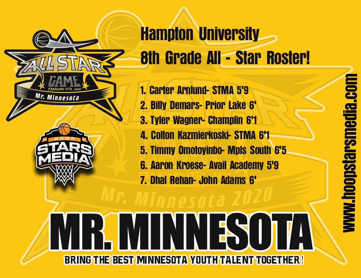 MrMNAllStar's tweet photo. ✨Mr. Minnesota Prestigious All-Star 8th grade ROSTER: Hampton University ☑️Bring the best MN youth talent together✨.  ☑️Powered by HoopStarsMedia part of our Championship Hoops event Series ‼️#WeRocking #MrMinnesotaAllStar2021 #HoopStarsMedia https://t.co/sVKmX7FRoc