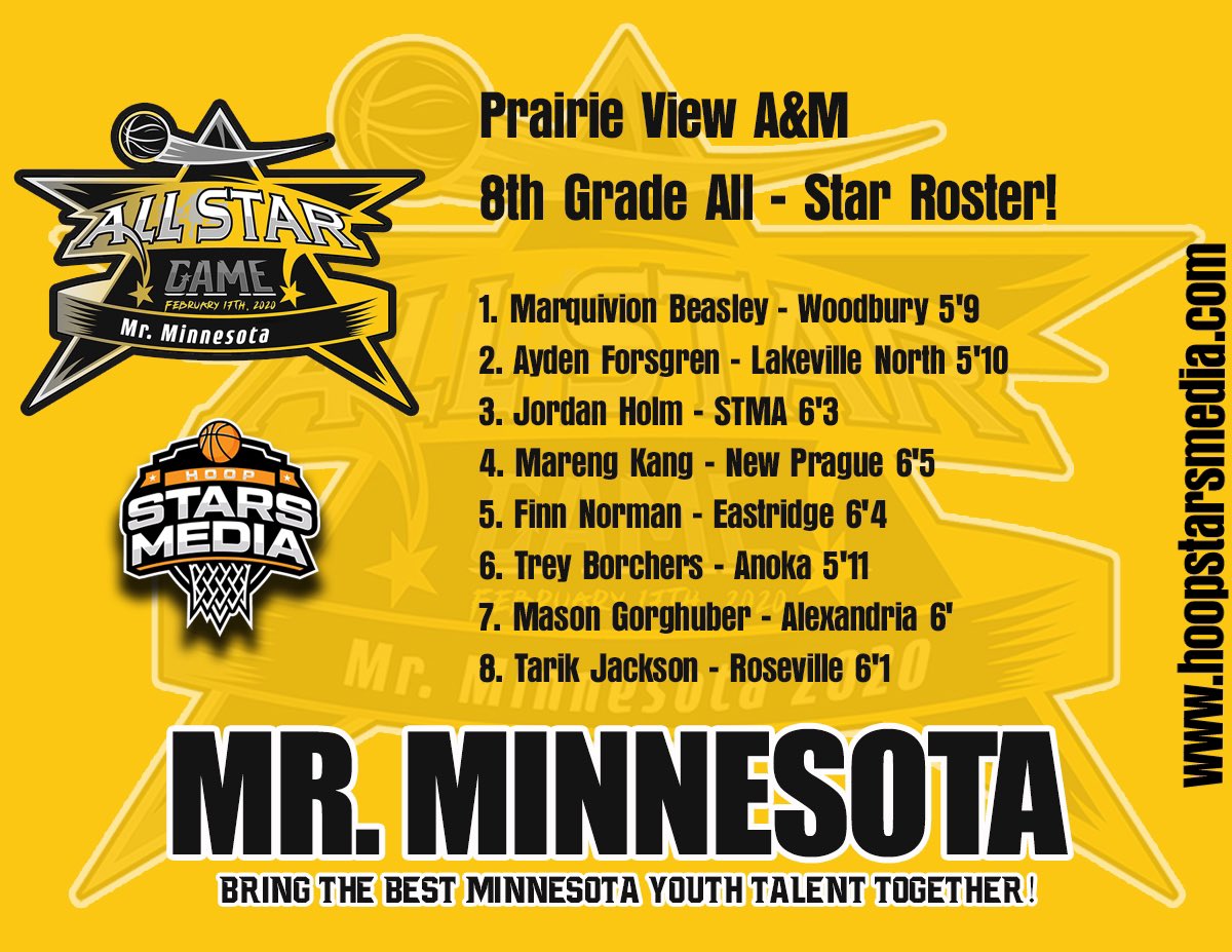 MrMNAllStar's tweet photo. ✨Mr. Minnesota Prestigious All-Star 8th grade ROSTER: Prairie View A&amp;M ☑️Bring the best MN youth talent together✨.  ☑️Powered by HoopStarsMedia part of our Championship Hoops event Series ‼️#WeRocking #MrMinnesotaAllStar2021 #HoopStarsMedia https://t.co/STOcAekQdK