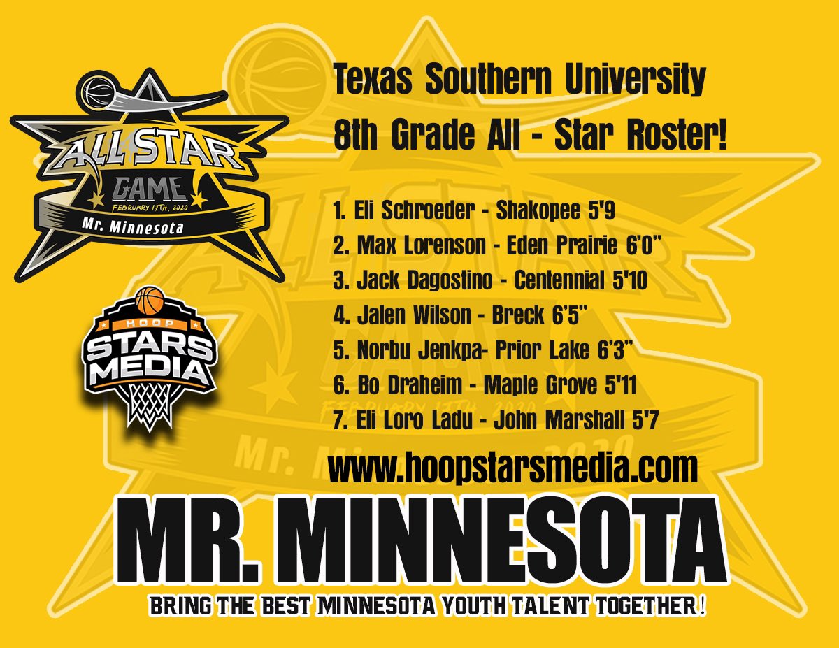 MrMNAllStar's tweet photo. ✨Mr. Minnesota Prestigious All-Star 8th grade ROSTER: Texas Southern University  ☑️Bring the best MN youth talent together✨.  ☑️Powered by HoopStarsMedia part of our Championship Hoops event Series ‼️#WeRocking #MrMinnesotaAllStar2021 #HoopStarsMedia https://t.co/t2m8PQGW0S