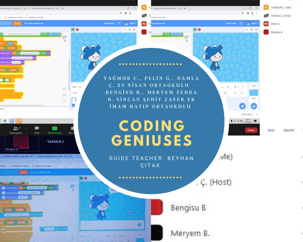 Okullar arası grup çalışmalarımızda 23 Nisan, Sincan Şehit Zafer Er İmam Hatip Ortaokulu öğrencilerinden oluşan Scratch programlama dilinde  Coding Geniuses grubu Sayı Tahmin Oyunlarını birlikte hazırladılar. Başarı ile çalışmalarını tamamladılar. Kendilerini tebrik ediyorum.