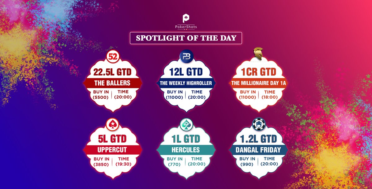 PokerShots's tweet photo. Major tournaments of the day on the Top poker platforms in India.

@Adda_52
 
@PokerBaazi
 
@Spartan_Poker
  
@PokerStarsIN
 
@Pocket_52
 
@pokerdangal1 https://t.co/mSw1ih7yqu