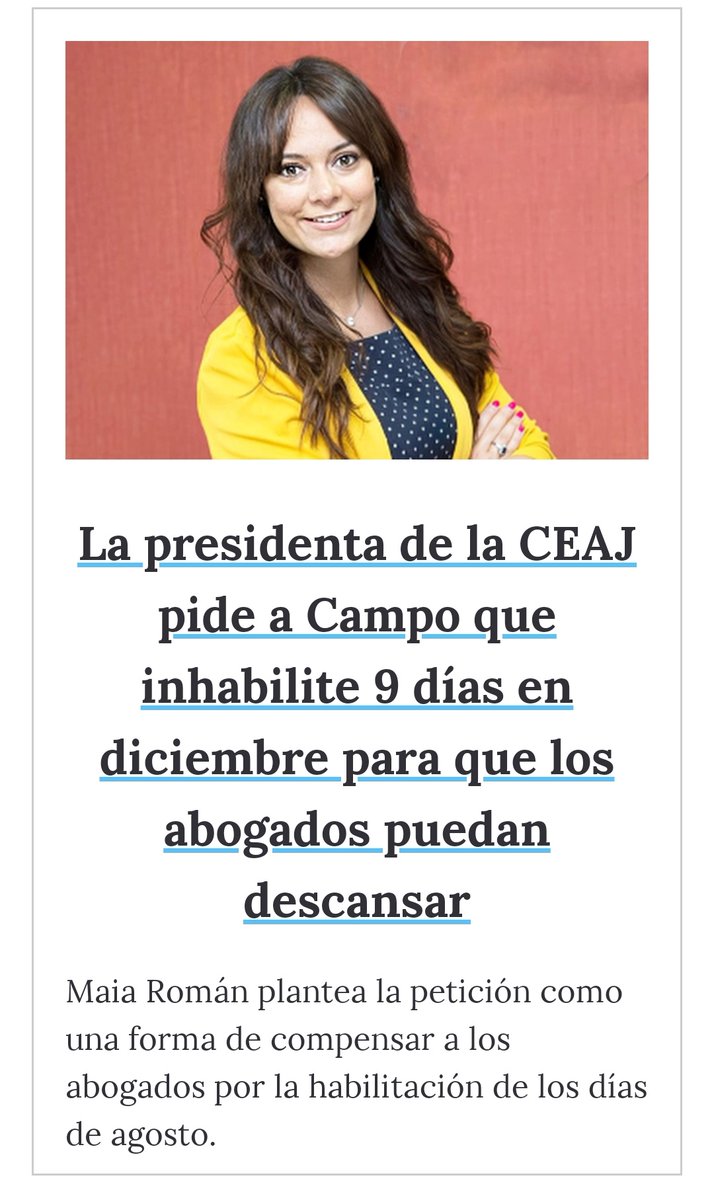 Alb_Cabello's tweet photo. La Confederación española de la abogacía joven logra que el Ministerio de Justicia reconozca como periodo inhábil para actuaciones judiciales del 24 Dic al 01 Ene
Un pequeño paso más en pro de la conciliación para asegurar el derecho a la desconexión de los abogados
¡Enhorabuena! https://t.co/KWMI8uzIsj