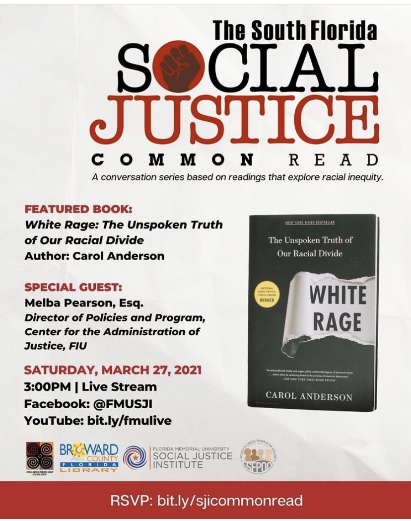 Really excited for tomorrow! “White Rage” peels back the history of #racism that got us here. #History is repeating before our eyes - so now what? 

Thank you @FLMemorialUniv @FMUSJI @tamekahobbs for hosting this timely discussion! 

#cjreform #policebrutality #VoterSuppression