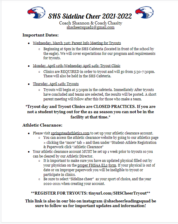 Sideline Cheer tryouts begin soon....see below for details.