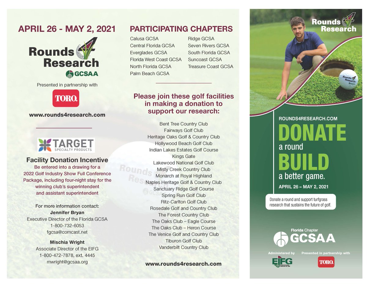 Please consider donating and round today to the 2021 Rounds 4 Research Auction, Apr 26 - May 2, and help support turfgrass research in Florida. If you are unable to donate a round, monetary donations are also accepted! rounds4research.org #R4R21 <a href="/GCSAA/">GCSAA</a> <a href="/FGCSA/">Florida GCSA</a> <a href="/Rounds4Research/">Rounds 4 Research</a>