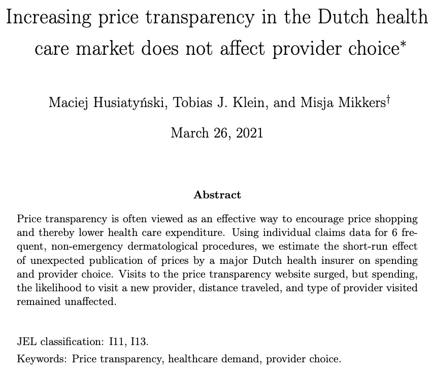 How do patients choose a health care provider? Maciej Husiatyński, Misja Mikkers <a href="/ICIRSPE/">misja mikkers</a> and I study this question for the Netherlands. Price transparency has no effect and savings opportunities are not exploited. We explain why that is and make a proposal. Threat. 1/16