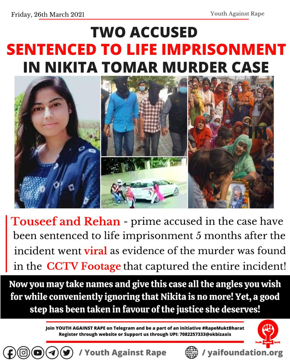 youthaginstrape's tweet photo. Her soul must have found peace💐 
The culprits of #NikitaTomar sentenced to "Life Imprisonment" on March26. The accused Touseef &amp; Rehan who was accompanying him that day were held guilty under several sections by #Faridabad court on March24. Both were in jail since October. https://t.co/MRQQxQA3nA
