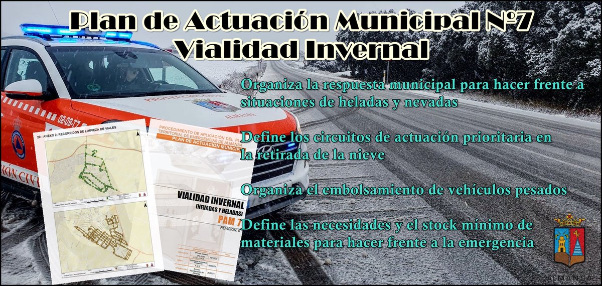 AlmansaEmerg's tweet photo. Aprobado el #PAM7 de #VialidadInvernal.

El plan, que ha sido redactado por técnicos de #ProteccionCivil del @gobjccm y del @AytodeAlmansa, con la colaboración de la #PoliciaLocal y @Cartoalmansa organiza la respuesta municipal ante situaciones de nevadas y heladas. https://t.co/FSAFurEoTF
