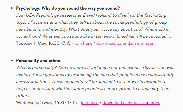 FREE university taster lectures. Just sign up online

<a href="/UniofHerts/">University of Hertfordshire</a> <a href="/uniofeastanglia/">UEA</a>