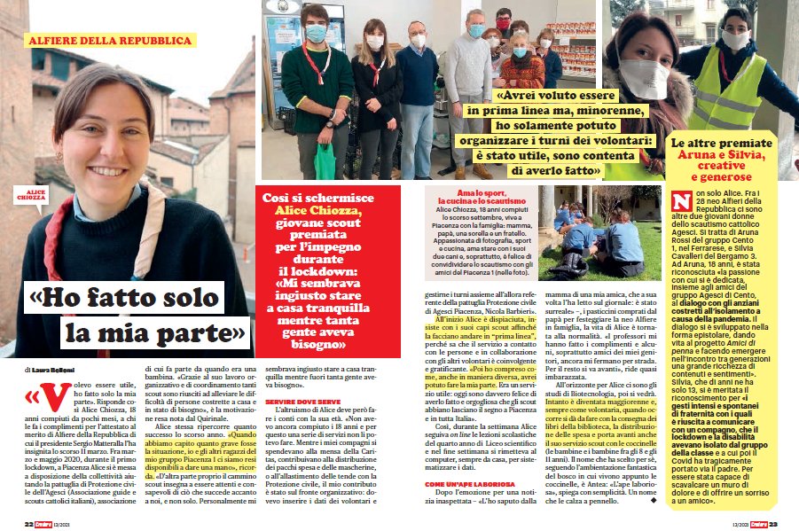 "Ho fatto solo la mia parte": quanto ha ragione la diciottenne #AliceChiozza? Neo Alfiere della Repubblica per aver dato una mano al settore Protezione civile #AGESCI durante il primo lockdown. Se ciascuno facesse la propria parte... Su <a href="/crederesanpaolo/">Credere San Paolo</a>  <a href="/SanPaoloEditore/">Gruppo Editoriale San Paolo</a>