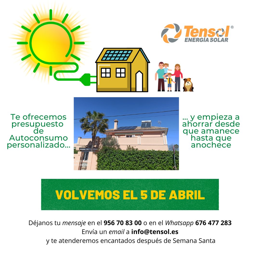 TensolE's tweet photo. El equipo @TensolE se va de vacaciones hasta el 5 de abril. Vamos a aprovechar la Semana Santa para volver con #buenaenergía y con muchas novedades en #energíasolar #autoconsumo #placasolar #renovables #fotovoltaica para que tú ahorres desde que amanece hasta que anochece😎 https://t.co/RlTcnu8G79