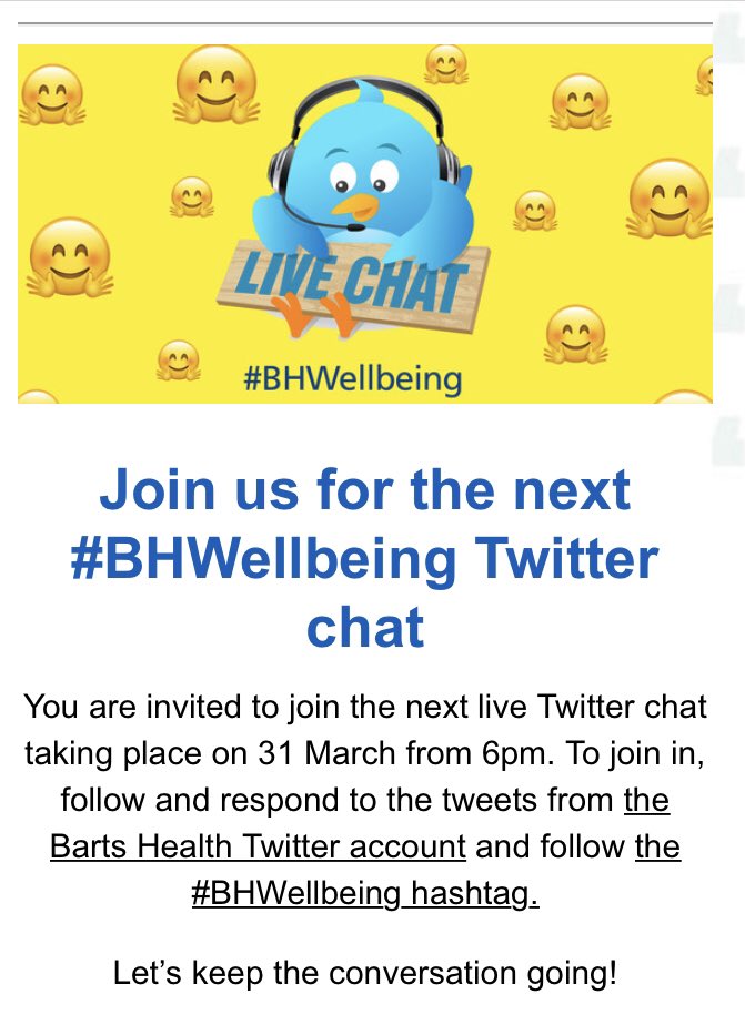 🌟 Kath Evans RGN RSCN 💙💛 (@kathevans2) on Twitter photo #BHWellbeing Twitter chat! 💙Wednesday from 6pm do join us, what’s working, any hints & tips to share, resources that work for you? See you there 😉👍 <a href="/NHSBartsHealth/">Barts Health</a> @NewhamHospital @WhippsCrossHosp @RoyalLondonHosp <a href="/PCCURLH/">PCCU Royal London Hospital</a> <a href="/RLHchildren/">RLH Children’s Hospital</a> @BartsHospital <a href="/BHWomen_network/">Barts Health Women's Network</a> #BHWellbeing Twitter chat! 💙Wednesday from 6pm do join us, what’s working, any hints & tips to share, resources that work for you? See you there 😉👍 <a href="/NHSBartsHealth/">Barts Health</a> @NewhamHospital @WhippsCrossHosp @RoyalLondonHosp <a href="/PCCURLH/">PCCU Royal London Hospital</a> <a href="/RLHchildren/">RLH Children’s Hospital</a> @BartsHospital <a href="/BHWomen_network/">Barts Health Women's Network</a>