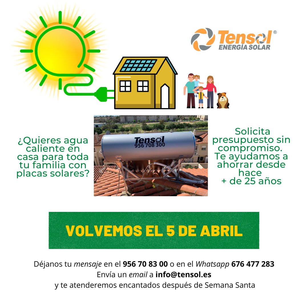 TensolE's tweet photo. El equipo @TensolE se va de vacaciones hasta el 5 de abril. Vamos a aprovechar la Semana Santa para volver con #buenaenergía y con muchas novedades en #energíasolar #autoconsumo #placasolar #renovables #fotovoltaica para que tú ahorres desde que amanece hasta que anochece😎 https://t.co/RlTcnu8G79