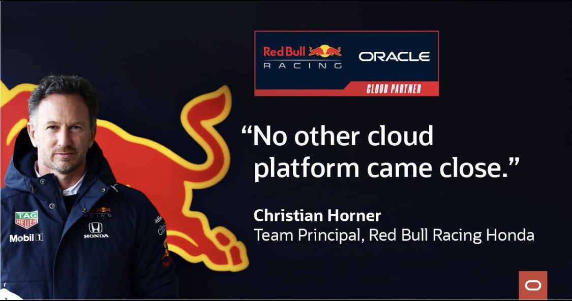 sltrunzo's tweet image. As a driver once famously said, “I want to go fast.” 

Oracle Cloud can help with that. 

@Oracle @OracleCloud #cloudevolution #Formula1 @redbullracing