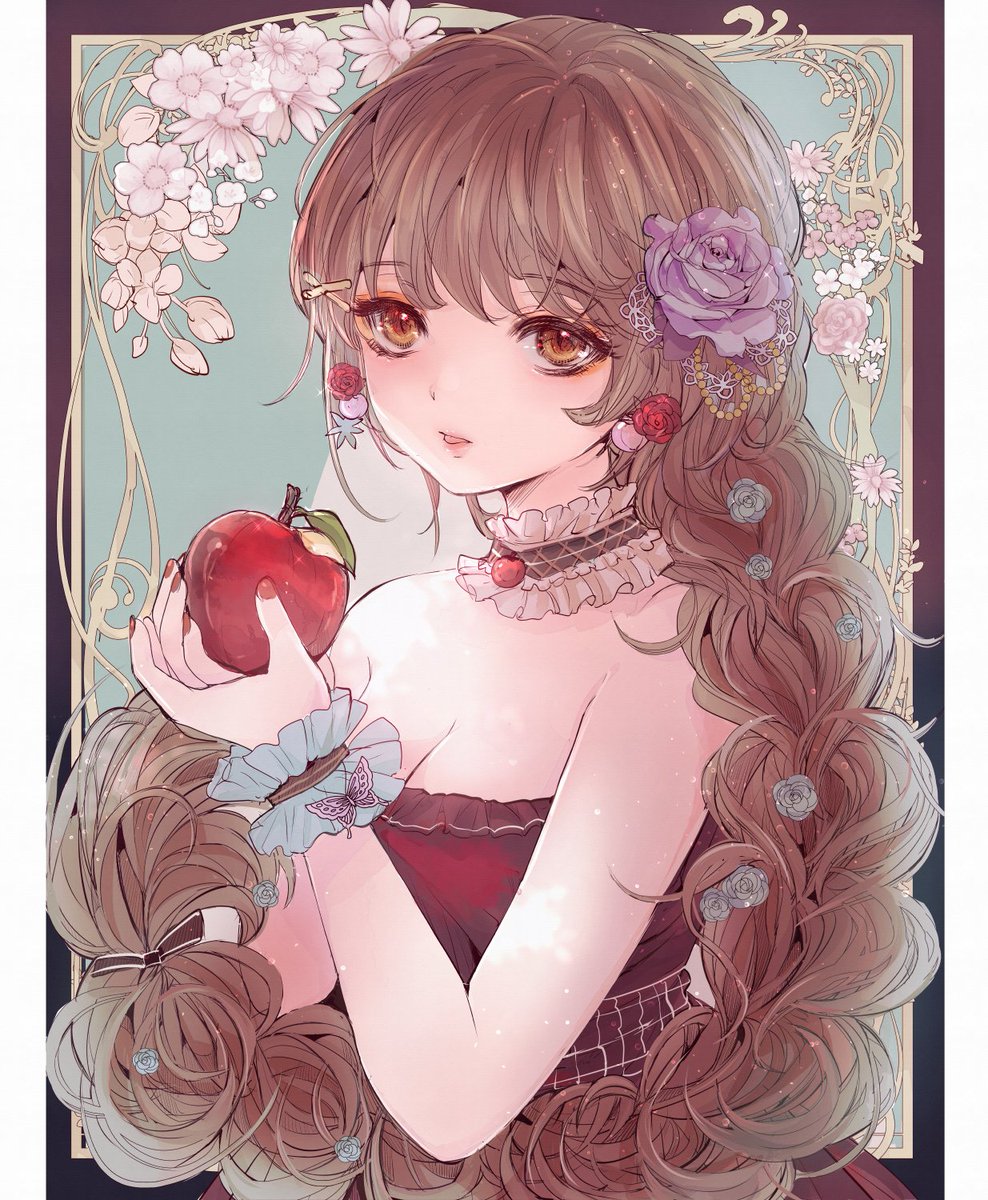 りんご少女 一口いかがですか 花と女の子がテーマのシリーズのイラストで こもりひっき 幻想少女絵のイラスト
