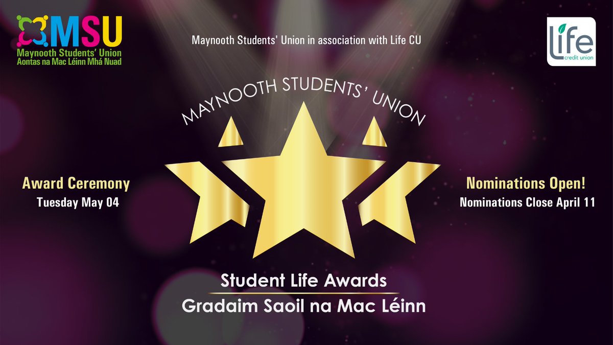 maynoothsu's tweet photo. 🏆 We are proud to launch the first-ever MSU Student Life Awards! 🤩 These Awards will celebrate the work of our amazing students and bring the glitz and glam back to your student experience! You can nominate students across many categories now...
🔗 https://t.co/aPZT4faV04 https://t.co/P1CNjOolFC