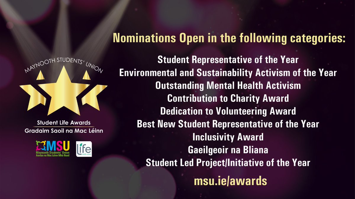 maynoothsu's tweet photo. 🏆 We are proud to launch the first-ever MSU Student Life Awards! 🤩 These Awards will celebrate the work of our amazing students and bring the glitz and glam back to your student experience! You can nominate students across many categories now...
🔗 https://t.co/aPZT4faV04 https://t.co/P1CNjOolFC