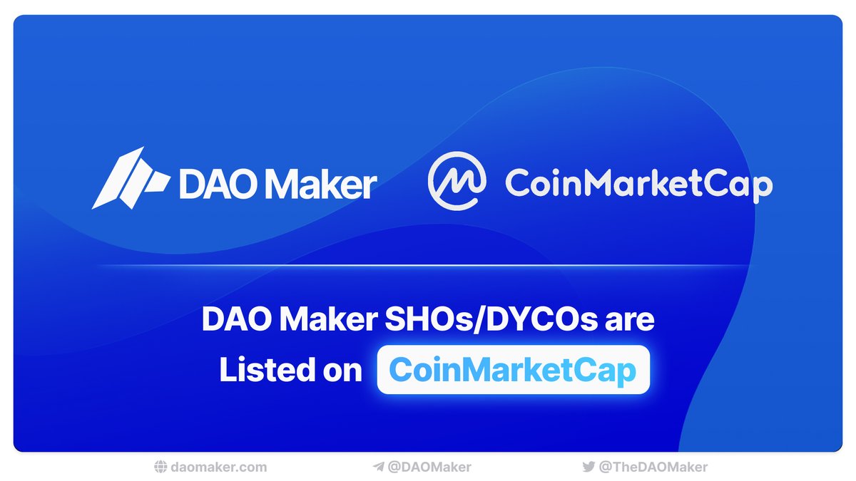 DAO Maker (@daomaker) on Twitter photo Good news! <a href="/CoinMarketCap/">CoinMarketCap</a> is collaborating with $DAO Maker to dedicate a page of DAO Maker's past and upcoming fundraising projects.
Now, you can track all our amazing projects on CoinMarketCap: coinmarketcap.com/view/dao-maker/
1/2 Good news! <a href="/CoinMarketCap/">CoinMarketCap</a> is collaborating with $DAO Maker to dedicate a page of DAO Maker's past and upcoming fundraising projects.
Now, you can track all our amazing projects on CoinMarketCap: coinmarketcap.com/view/dao-maker/
1/2