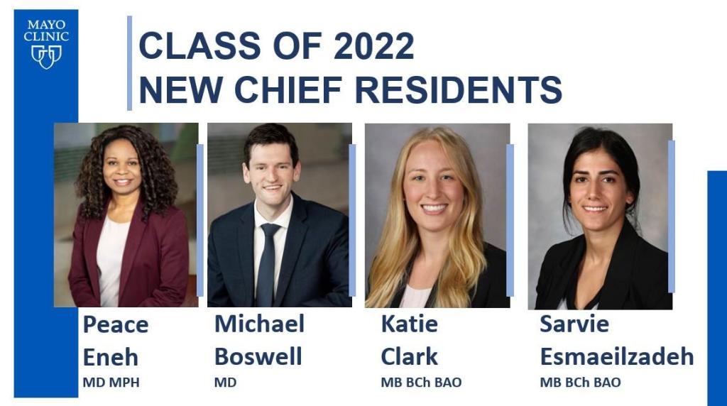 Congratulations to our new Chief Residents for 2021-2022. All candidates were outstanding. 

<a href="/MayoAnesthesia/">Mayo Clinic Department of Anesthesiology</a> <a href="/ClarkKatieJ/">Katie Clark</a> <a href="/PeaceEnehMD/">Peace N. Eneh, MD MPH</a>