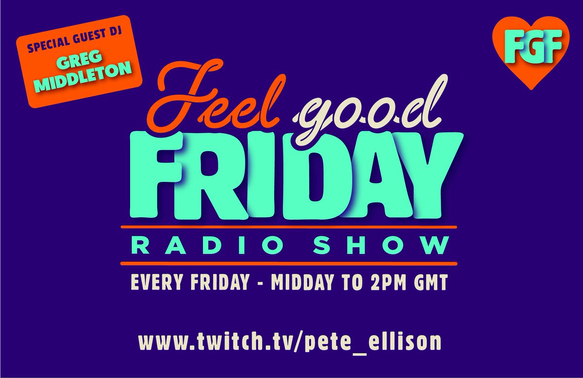 gregmiddleton's tweet image. Delighted to be joining Pete Ellison for his Feel Good Friday Radio Show LIVE NOW! 12-2pm GMT... two hours of funky disco goodness. Host Pete is on deck duty first hour and my guest mix is in hour 2. Tune in and join the chat if ya like! &amp;gt;&amp;gt; Twitch.tv/pete_ellison