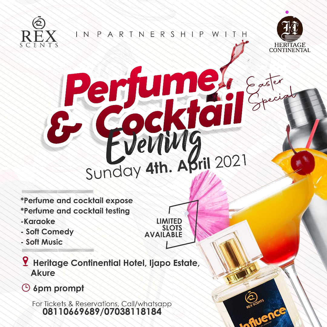 RexScents's tweet photo. Big Announcement!

We are teaming up with Heritage Continental Hotel  to present you this Easter special

PERFUME&amp;COCKTAIL EVENING

👇👇 https://t.co/WY3UF9koUK
