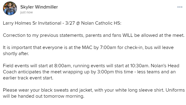 SeguinBoysTrack's tweet photo. Notes regarding our meet at Nolan Catholic tomorrow:

#SeguinNation https://t.co/XeGukWI76r