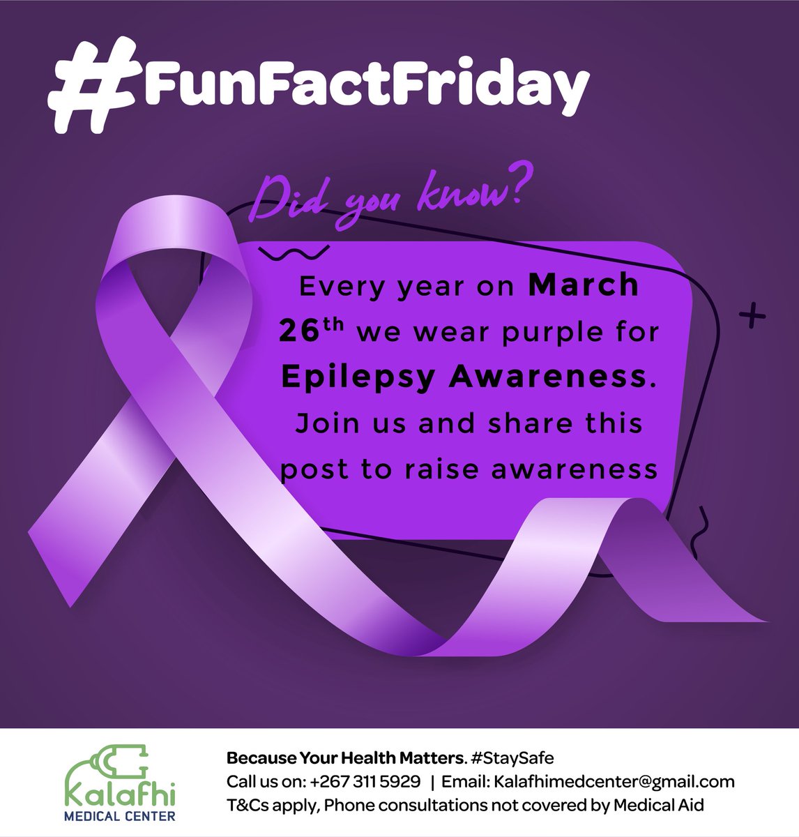 kalafhimedical's tweet photo. Join us as we wear the colour purple today in support of our epileptic brothers and sisters.Epilepsy can be easily managed if diagnosed and treated correctly, so awareness is important. 

#becauseyourhealthmatters #PurpleDay2021 https://t.co/Im4xAploOs