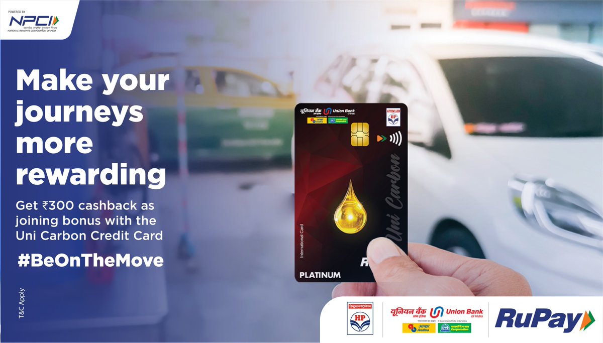 RuPay_npci's tweet photo. Make your journeys even more rewarding with the Uni Carbon Credit Card! Get โน300 cashback as a joining bonus on your first transaction at HPCL petrol pumps. #BeOnTheMove
T&C Apply: https://t.co/Q0cj1TysPI
@HPCL @UnionBankTweets https://t.co/IeWuKFrzTF