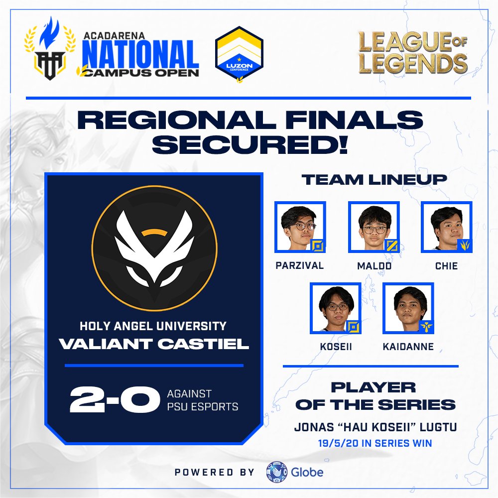 acadarena's tweet photo. From qualifying three teams to taking two of them in the regional finals. 🌊
Valiant Esports Club literally went on to #OwnTheIslands by dominating Luzon region.
Sure na #HAUwin na sa Luzon regional finals, but sinong HAU ang mananalo? 🤔 https://t.co/fXWSlw7XzW