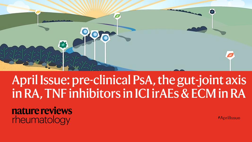 NatRevRheumatol's tweet image. Our #AprilIssue is online now! 

go.nature.com/39haNjW

Cover art inspired by the Review from @arthritisbham, @CarolineOspelt, @SteffenGay &amp;amp; Kim Midwood

#RheumTwitter #rheumatology