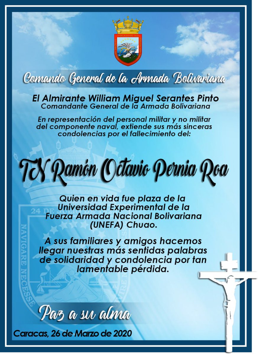 ArmadaFANBVzla's tweet photo. La @ArmadaFANBVzla lamenta la irreparable pérdida del TN Ramón Octavio Pernia Roa, integrante de la Promoción "Revolución Bicentenaria" Año 2010; nos unimos al Dolor que embarga a sus Familiares y Compañeros. Paz a su Alma. @NicolasMaduro https://t.co/iimzYrOYzu