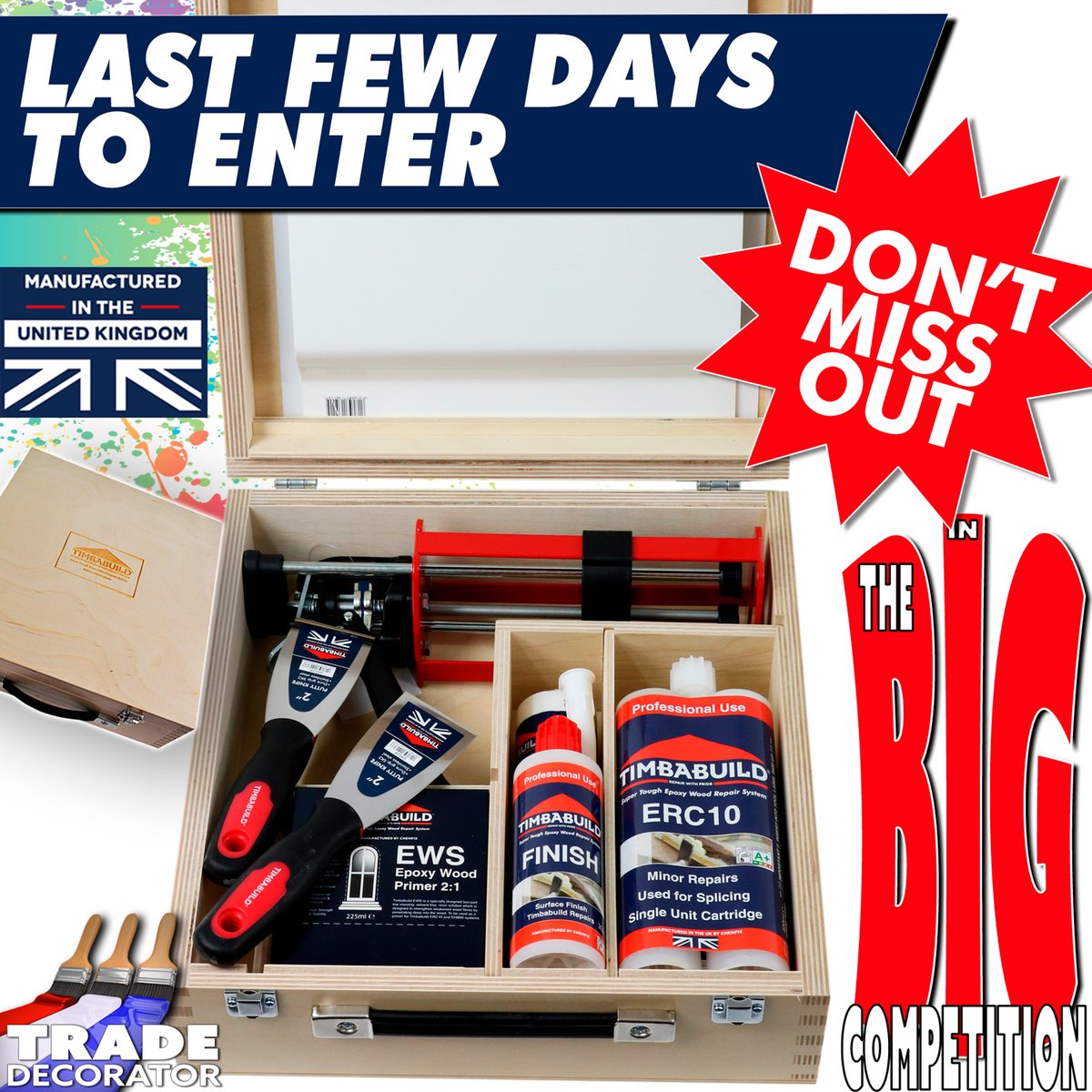 TRADE_decorator's tweet image. It's the last few days to enter this month's Big Competition.

You Could Win 1 of 3 @Timbabuild  Starter Kits

ENTER HERE&amp;gt; bit.ly/TIMBABUILDBC3
.
.
#TradeDecorator #epoxywoodrepair #timberrepair #woodrot #epoxytimberrepair #timbabuild