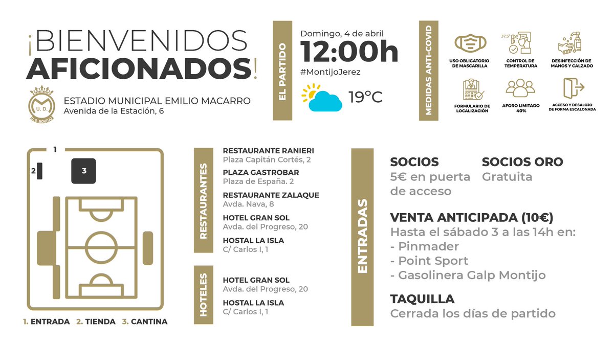 UDMONTIJO's tweet photo. 👋 [#𝗝𝟭] #EmilioMacarro

💳 Oro: Gratuita
🪙 General: 5€ (se abonará en la puerta de acceso)

🎫 Venta anticipada ⤵️: 𝟏𝟎€ (hasta el 03/04 a las 14h)
▪️ #Pinmader
▪️ #PointSport
▪️ #GasolineraGalp

❌ No habrá taquilla el día de partido.

#PiensaEnGrande | #Desde1922 https://t.co/GFK3lvNznE