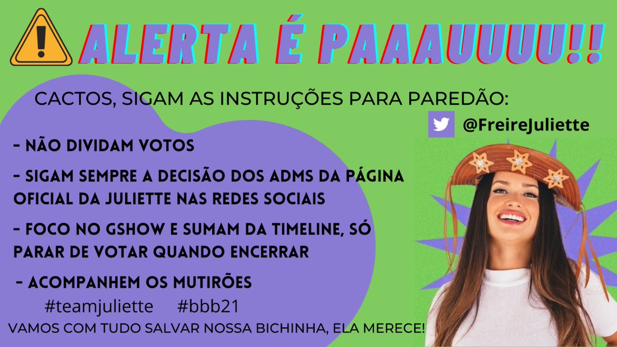 lllauraxz_'s tweet photo. Cactos, se a Juliette for ao paredão, o que está parecendo que vai mesmo, precisamos seguir o posicionamento do Oficial, fazer o que os Adms pedem, e nada de divisão de votos, se preparem. A Sarah tem que sair com uma grande porcentagem.

#BBB21 #FicaJuliette https://t.co/8d07324msF