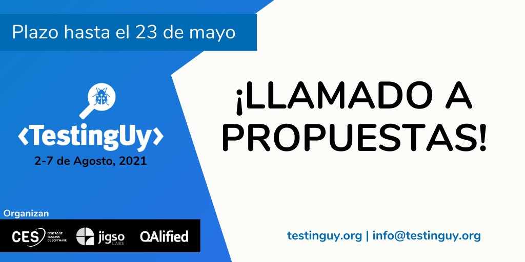 testingUY's tweet photo. 📣¡Ya puedes enviar tus propuestas de charlas y talleres para #testinguy 2021! 🙌
✍️https://t.co/hnqzq8KbKK
#testingconference #testing #agiletesting #teststrategy #testautomation #performance #securitytesting #exploratorytesting #ux #usabilitytesting #a11y #accesibilitytesting https://t.co/Km7yQ8ii8F
