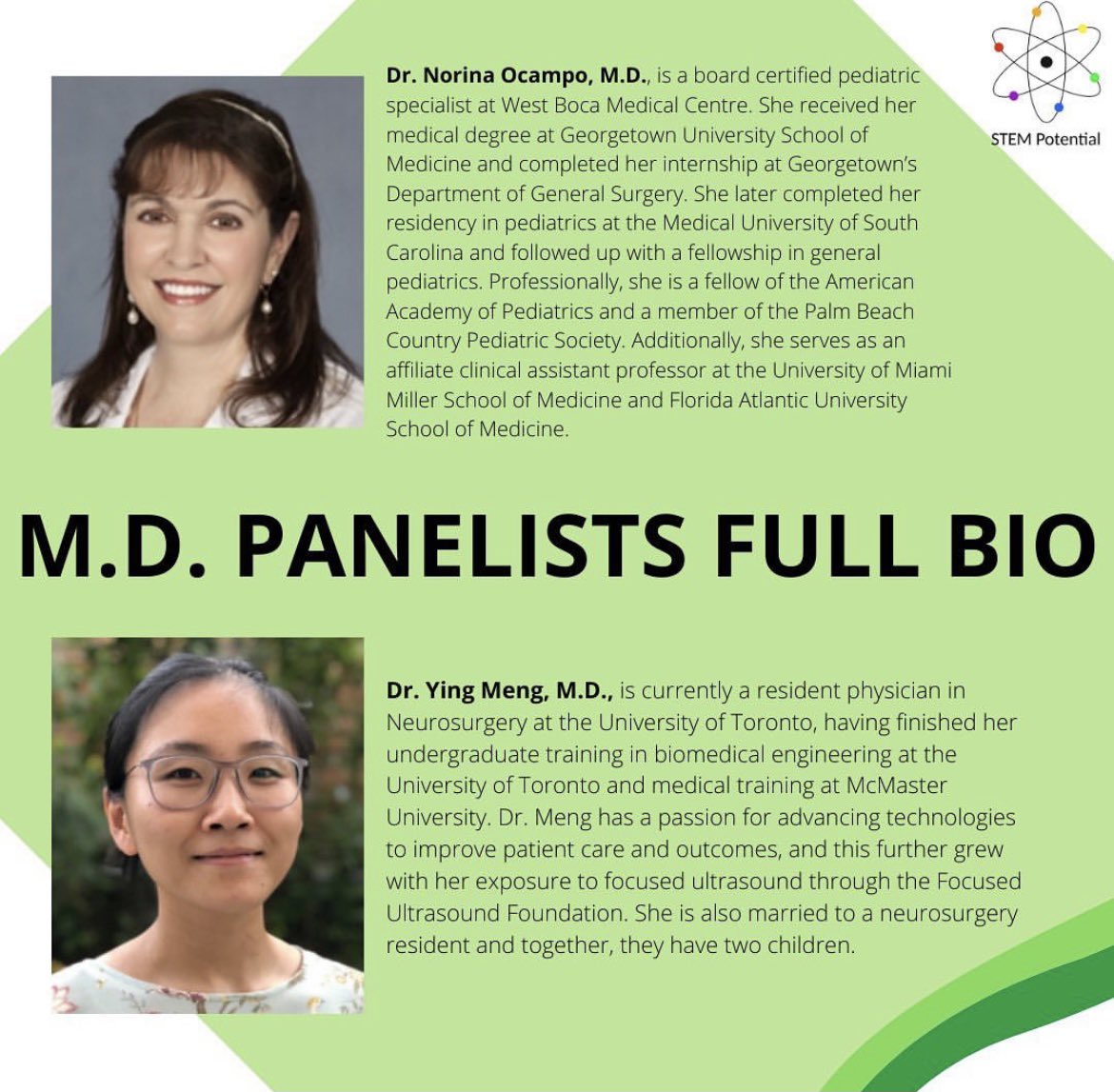 STEMPotential's tweet image. Can't wait to see you at our panels starting tomorrow! Here we have the biographies of our M.D. panelists who are kicking off the event in our first session @ 2pm EST #WomensHistoryMonth #STEMPotential #STEM