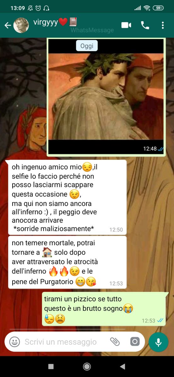 2_fdd1's tweet photo. Francesca C. - Rossella R
Classe 2F IC DD1 Cavour Marcianise Ce
Parole divine
Fake chatt tra l'influencer Virgy e lo smarrito Dante
#DanteSocial
#Dantedi2021 
@MuseCAMPANIA 
@RaiGulp https://t.co/8AwiiHOhbG