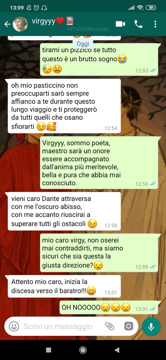 2_fdd1's tweet photo. Francesca C. - Rossella R
Classe 2F IC DD1 Cavour Marcianise Ce
Parole divine
Fake chatt tra l'influencer Virgy e lo smarrito Dante
#DanteSocial
#Dantedi2021 
@MuseCAMPANIA 
@RaiGulp https://t.co/8AwiiHOhbG