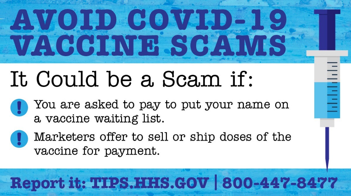 Graphic with text that says avoid covid-19 vaccine scams. 