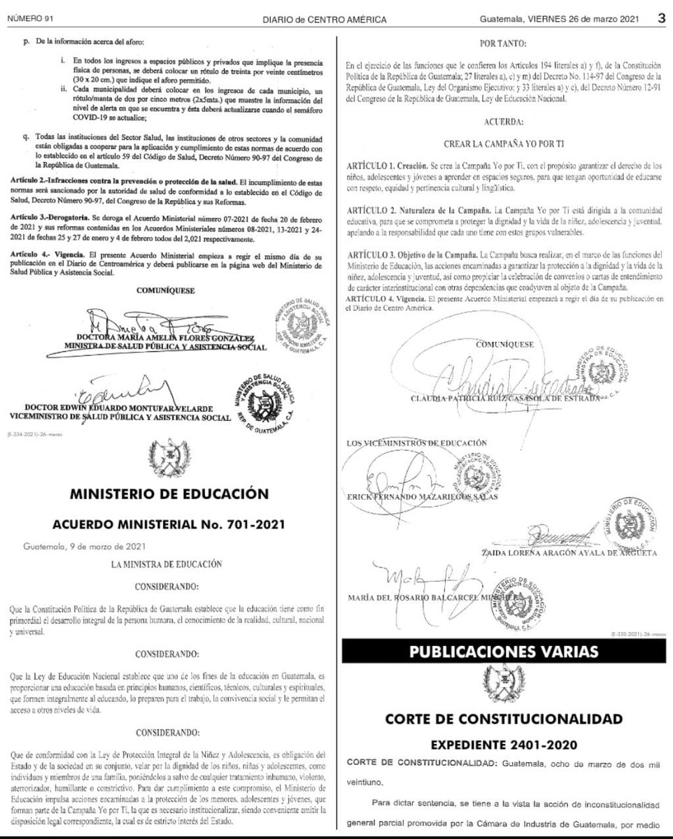 MinSaludGuate's tweet photo. El #MSPAS publica en el Diario Oficial el Acuerdo Ministerial 73-2021, que establece disposiciones transitorias y obligatorias para la contención y prevención del incremento de contagios de #COVID19 a nivel nacional. https://t.co/5zIrtIHOLd