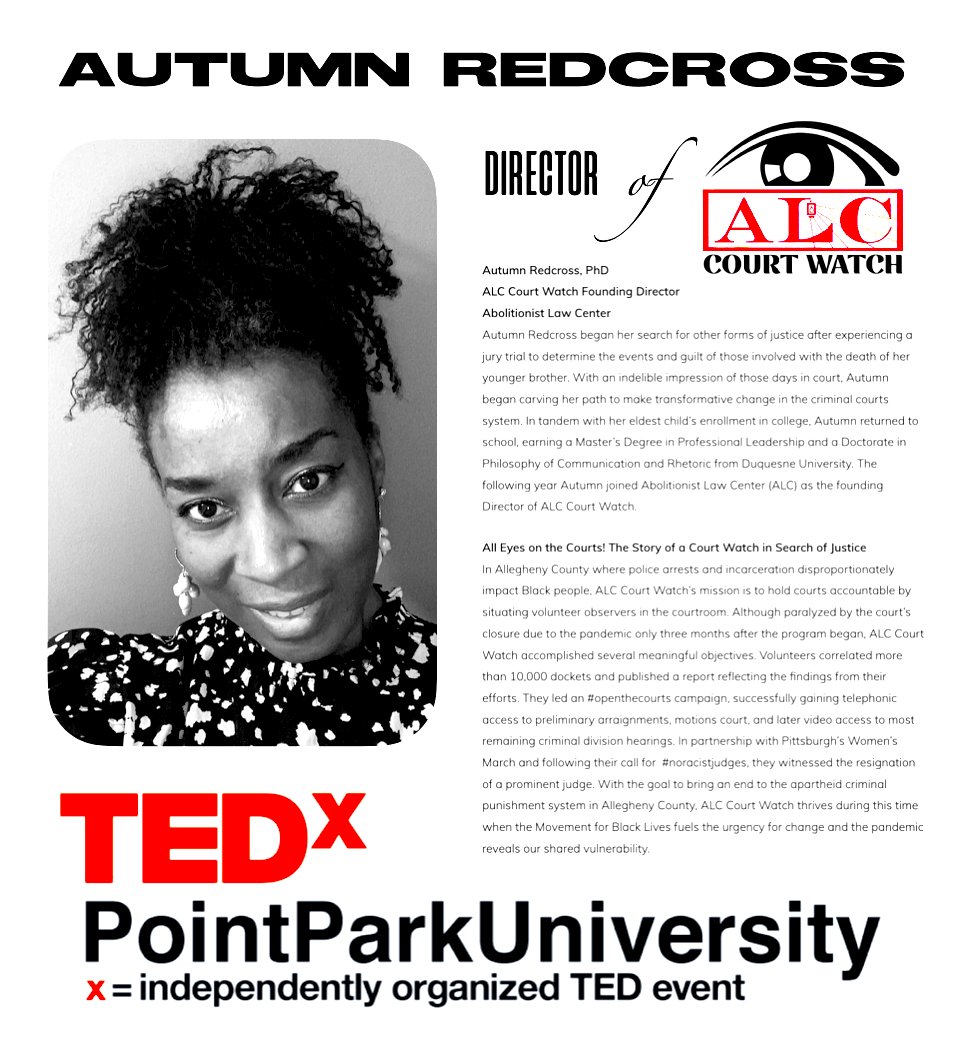 AbolitionistLC's tweet photo. VISIT: https://t.co/UnYw8DlUWM ALL EYES ON THE COURTS! @ALCCourtWatch Director Autumn Redcross will be sharing out on @TEDxPointPark's livestream from 9am-12pm today. Learn about Autumn's work, #courtwatching in #Pittsburgh, and the ongoing struggle to end #apartheid punishment. https://t.co/1qsoN7aPnC