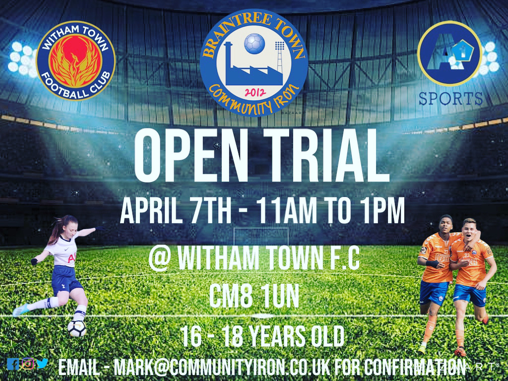 community_cp's tweet photo. 🚨Open Trial day 🚨  

⚽️ Wednesday 7th April - 11am - 1pm ⚽️

🏟 @ Witham Town F.C 🏟

CM8 1UN - Spa Road 

16-18 year olds 

Please email 📧 Mark@communityiron.co.uk for your confirmation. https://t.co/9k8k0RX83j