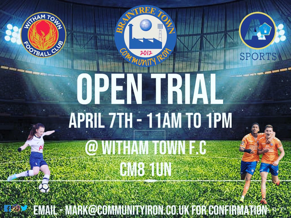 AcademyBtfc's tweet photo. 🚨Open Trial day 🚨  

⚽️ Wednesday 7th April - 11am - 1pm ⚽️

🏟 @ Witham Town F.C 🏟

CM8 1UN - Spa Road 

16-18 year olds 

Please email 📧 Mark@communityiron.co.uk for your confirmation. https://t.co/dtTfLELpBI