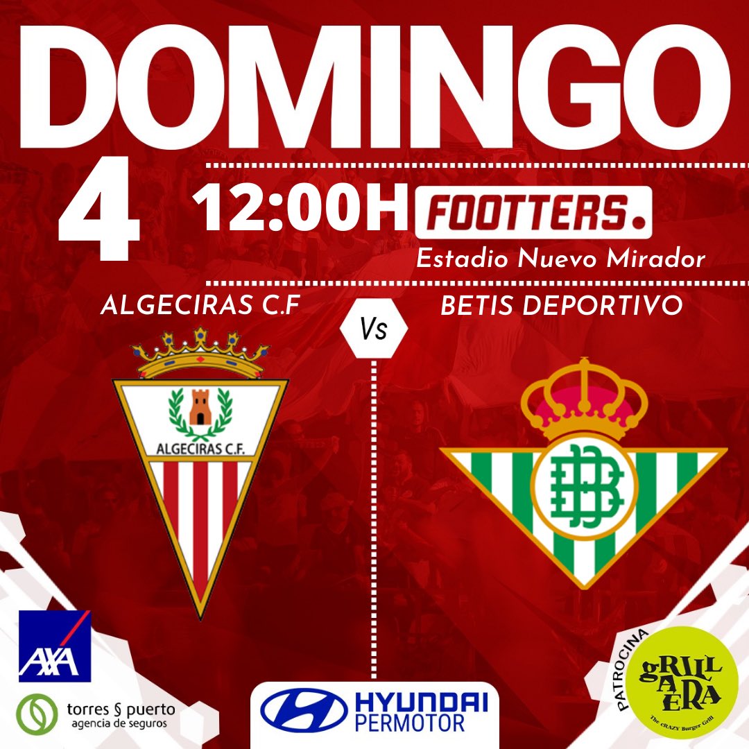 AlgecirasCF's tweet photo. 🔴𝕊𝕖𝕘𝕦𝕟𝕕𝕒 𝔽𝕒𝕤𝕖 ⚪️

➡️1ªJornada
🆚 @RBetisCantera 
🗓 Domingo, 4 de Abril 
⏰ 12:00H
🏟 Estadio Nuevo Mirador 
📺 @footters 
🎙 @minutoes 

#algecirascf  #seguimossoñando https://t.co/aZBb96bnx2