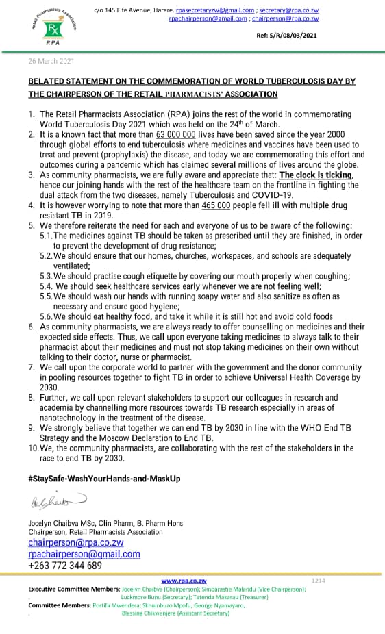 Luckmore Bunu (@luckiebunu) on Twitter photo Statement by the Chair of RPA on World TB day 2021
<a href="/PSZ_Org/">Pharmaceutical Society of Zimbabwe</a> <a href="/MoHCCZim/">Ministry of HealthZW</a> <a href="/InfoMinZW/">Ministry of Information, Publicity & Broadcasting</a> <a href="/FIP_org/">FIP</a>
<a href="/WHO_Zimbabwe/">WHO Zimbabwe</a>
"The medicines against TB should be taken as prescribed until finished, in order to prevent development of drug resistantance" Statement by the Chair of RPA on World TB day 2021
<a href="/PSZ_Org/">Pharmaceutical Society of Zimbabwe</a> <a href="/MoHCCZim/">Ministry of HealthZW</a> <a href="/InfoMinZW/">Ministry of Information, Publicity & Broadcasting</a> <a href="/FIP_org/">FIP</a>
<a href="/WHO_Zimbabwe/">WHO Zimbabwe</a>
"The medicines against TB should be taken as prescribed until finished, in order to prevent development of drug resistantance"